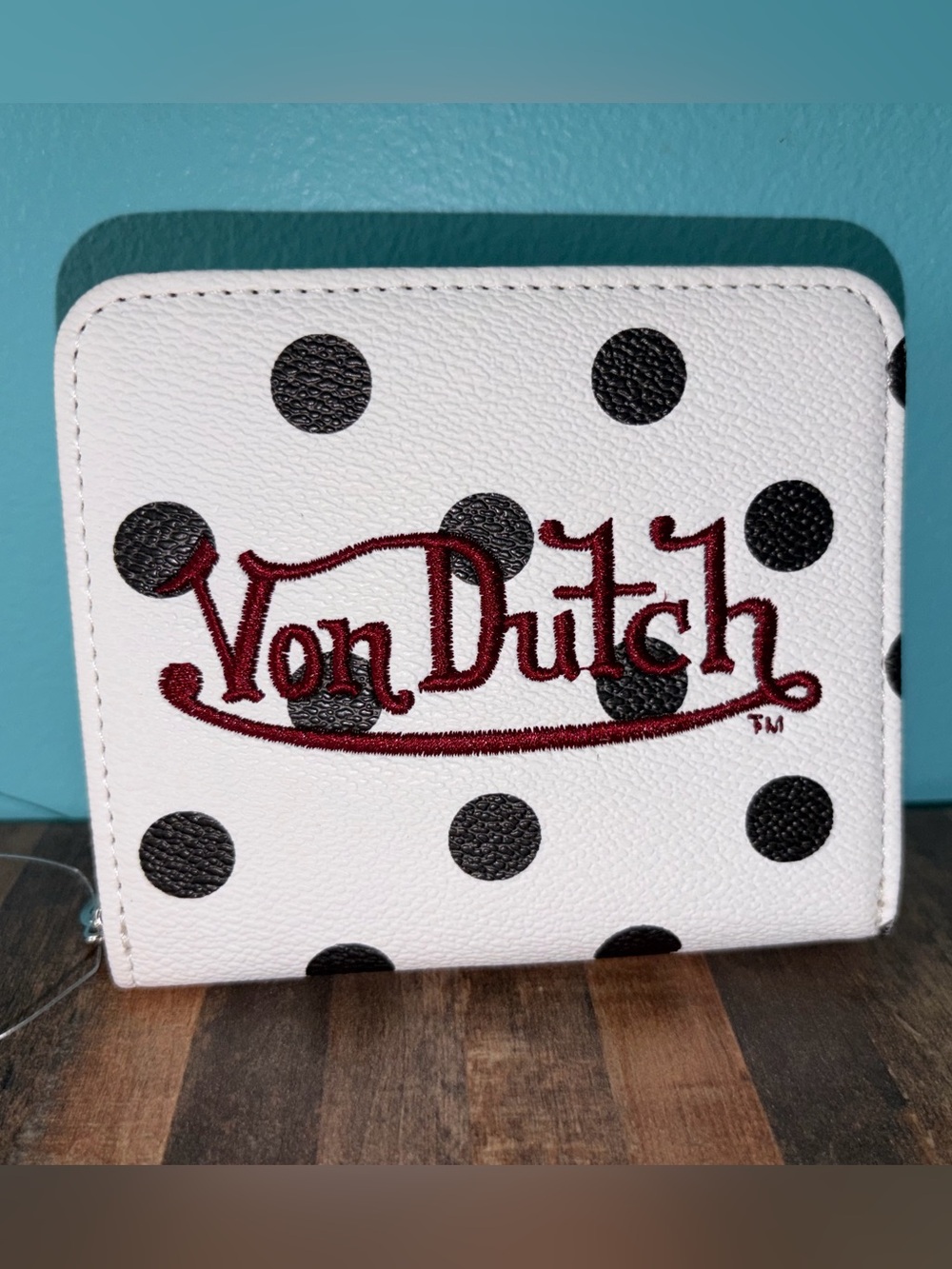 Von Dutch White Polka Dot Wallet with Maroon Logo Embroidery NWOT